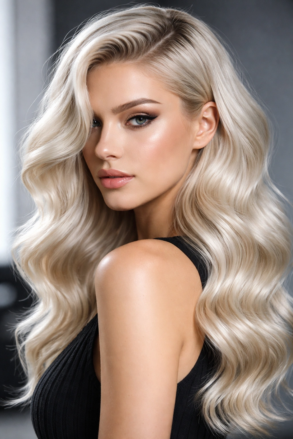 Close-up of platinum blonde hair with defined waves and modern edge