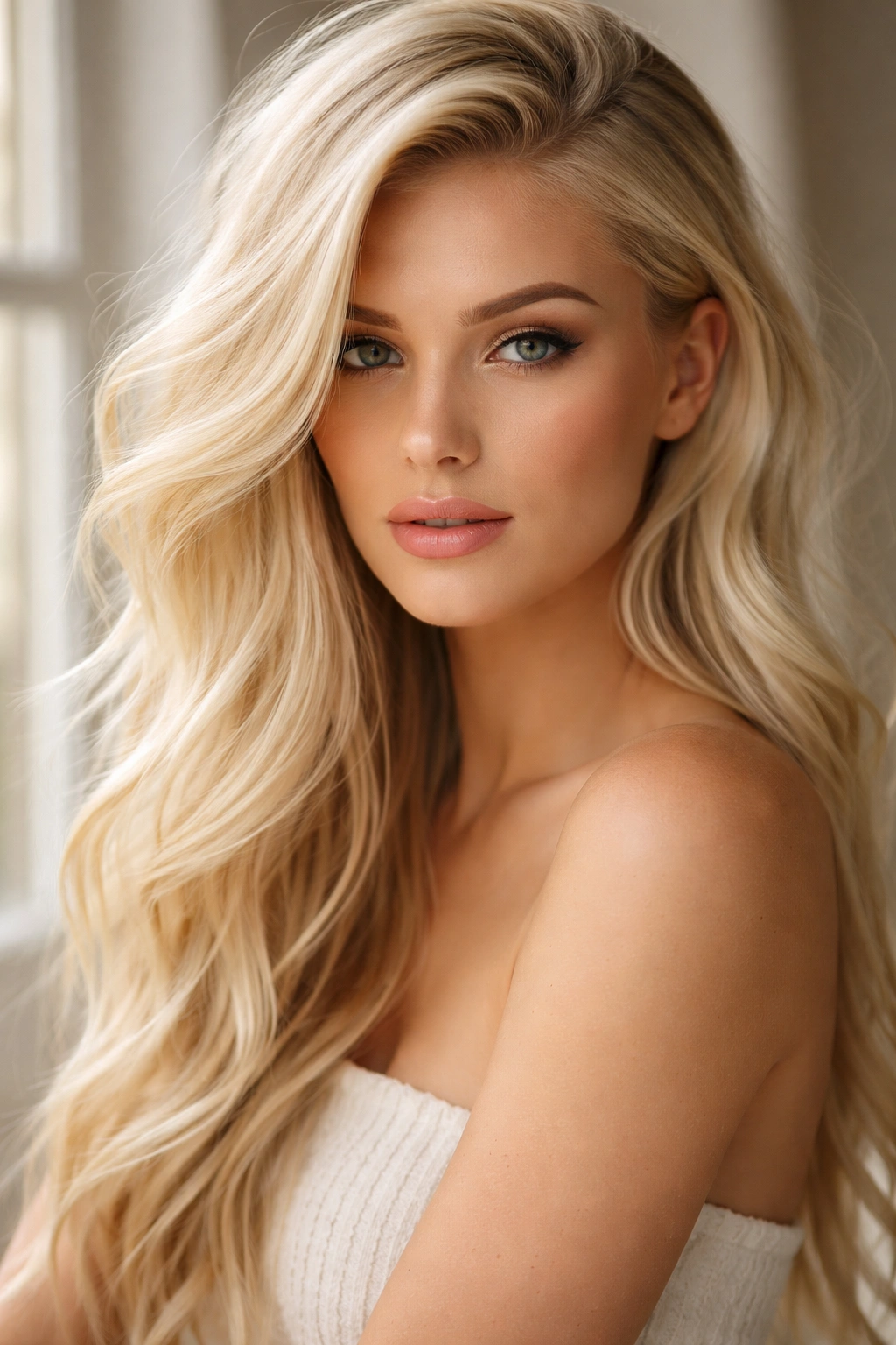 Close-up of platinum blonde beachy waves with a deep side part.