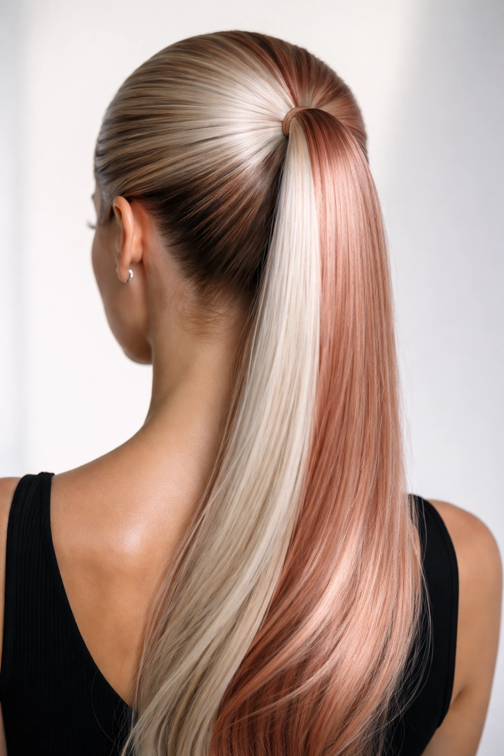 Ponytail split into platinum and rose gold halves.