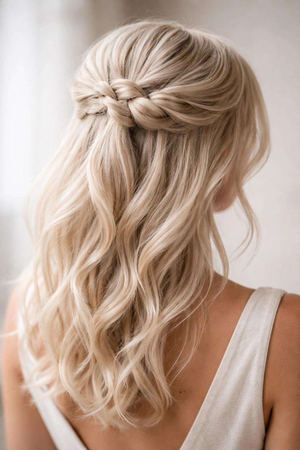 Close-up of platinum twisted half-up bun with multiple twists at crown