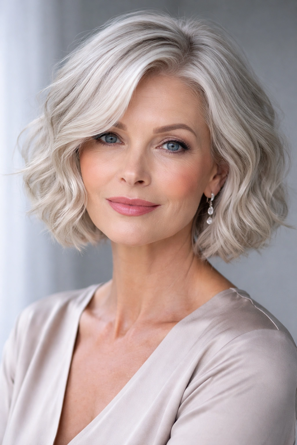 Head-and-shoulders portrait of a soft platinum wavy bob hairstyle