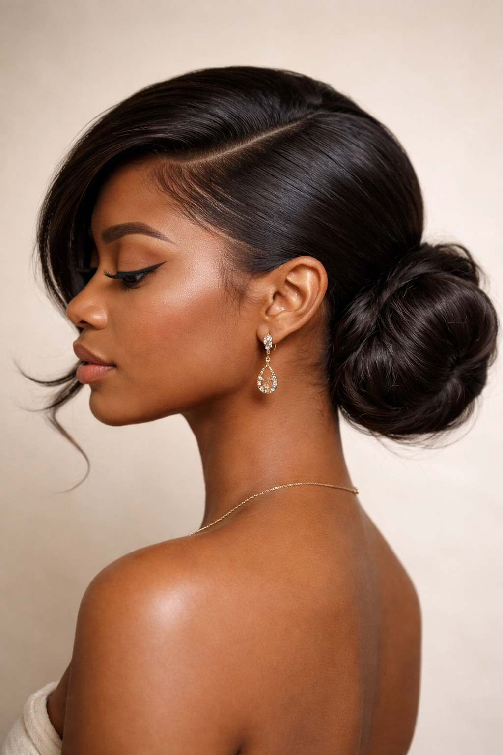 Side view of swoop ponytail formed into a playful side bun