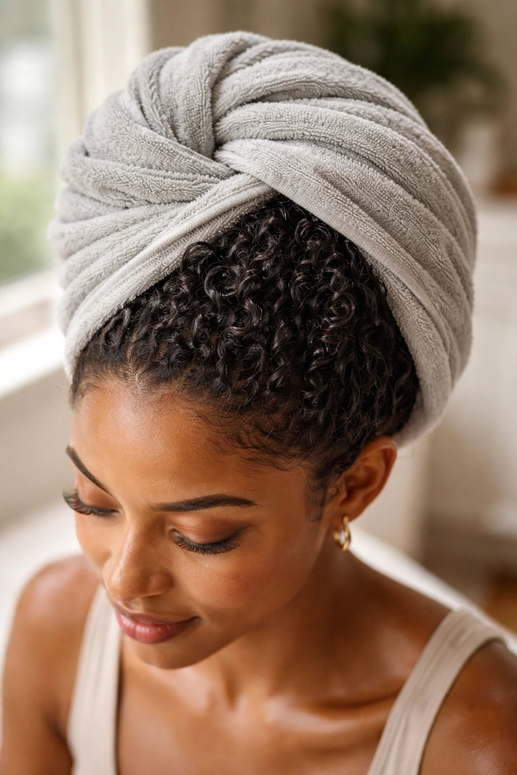 Hair wrapped in towel on top of head forming defined wave clumps