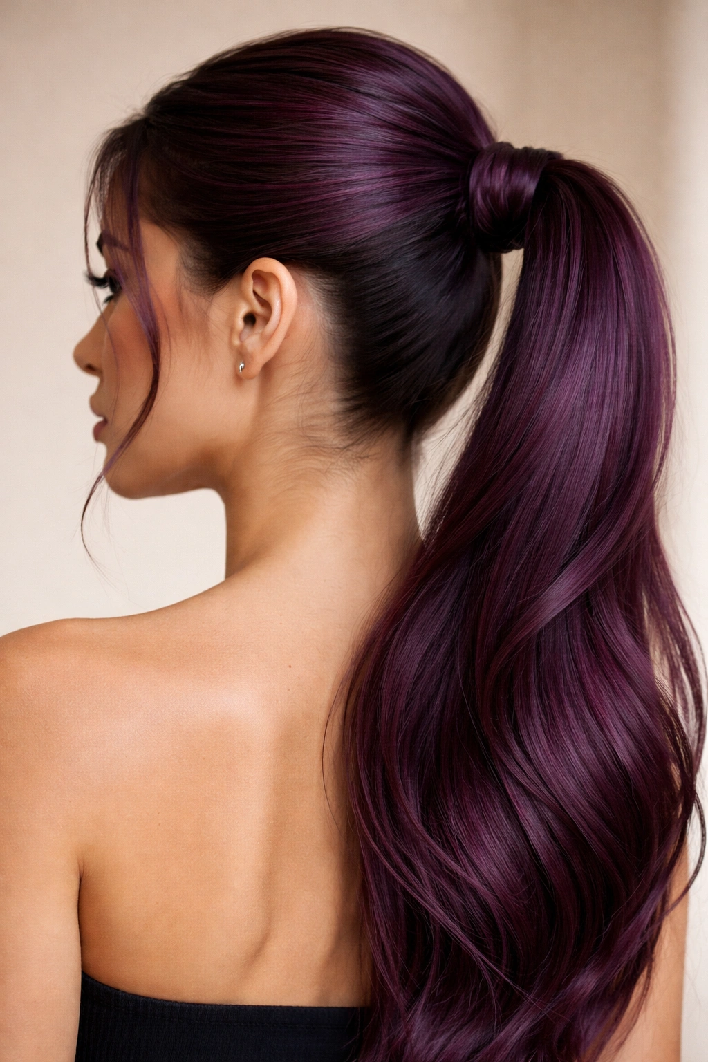 Ponytail with a thin braid wrapping the base in plum purple