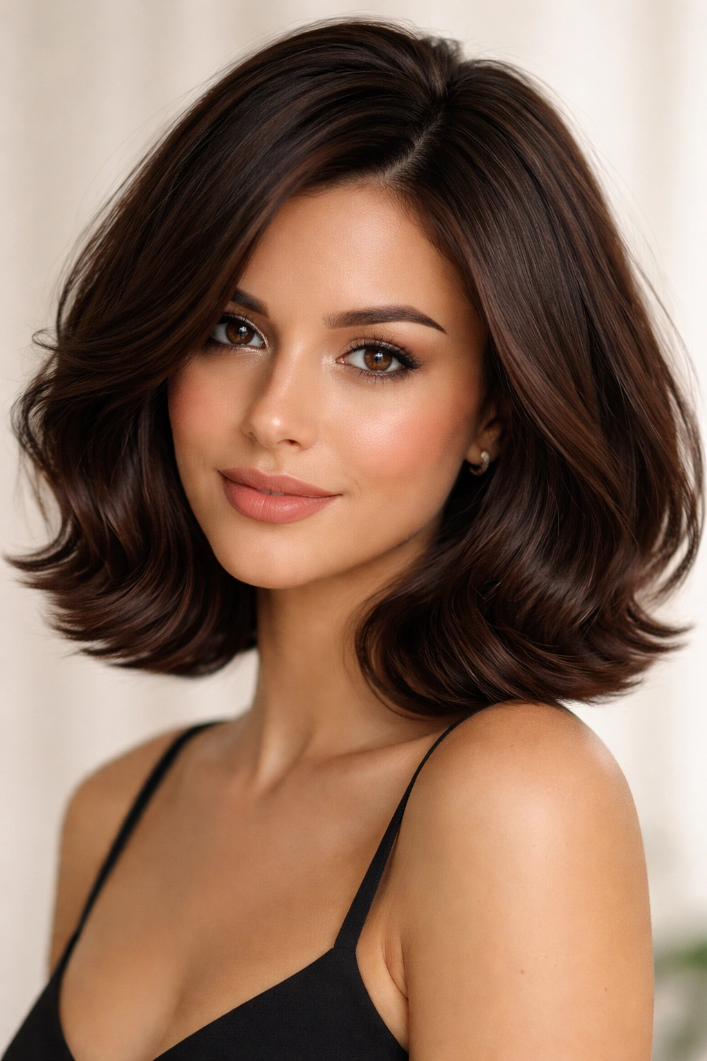 Polished bouncy bob in rich chocolate brown with voluminous waves