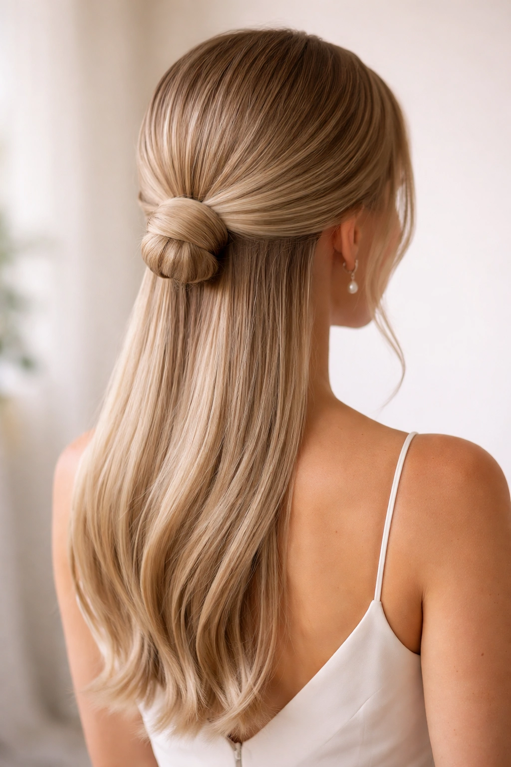 Polished low bun at nape with smooth loose hair