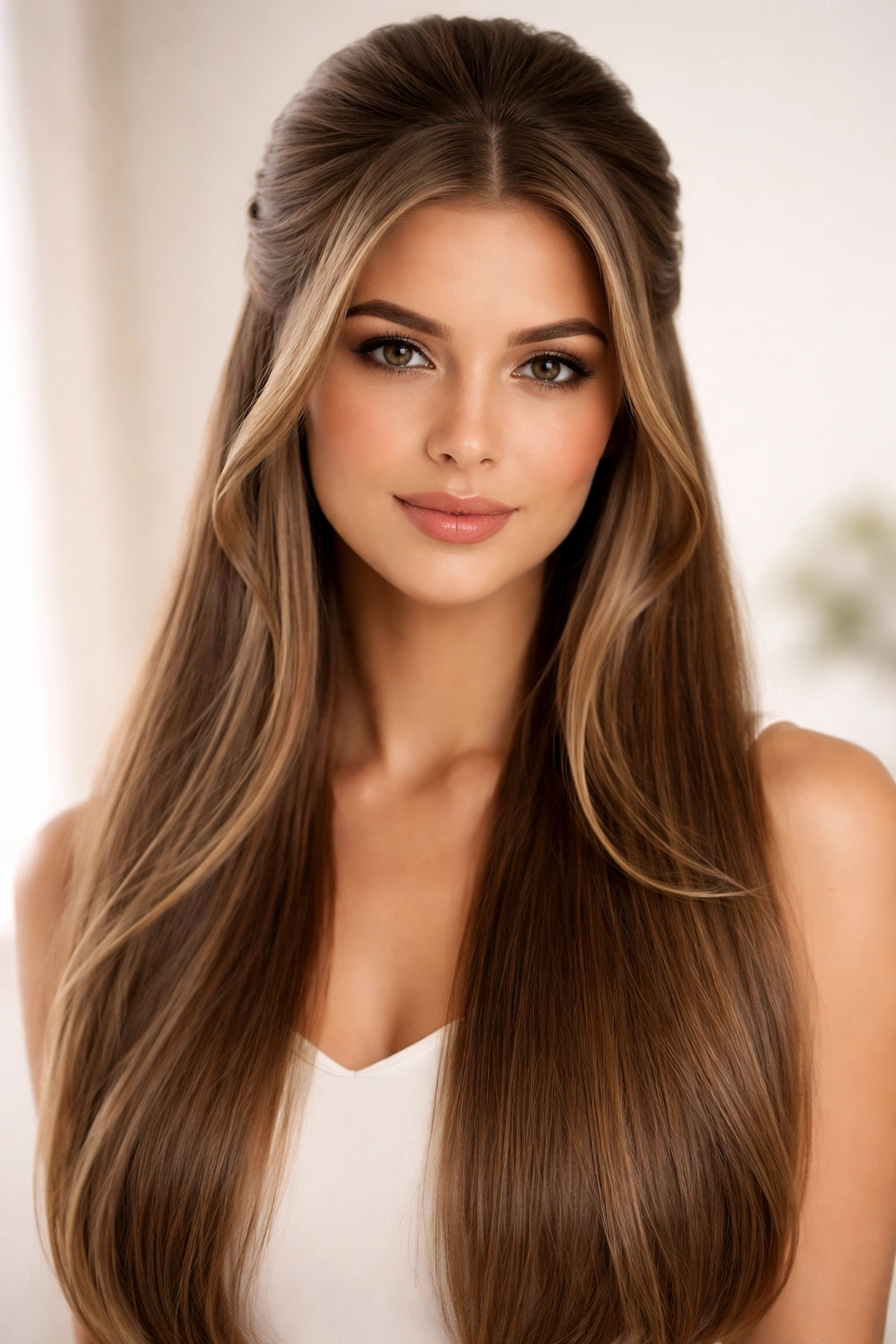 Polished half-up hairstyle with face-framing swoops on long straight hair