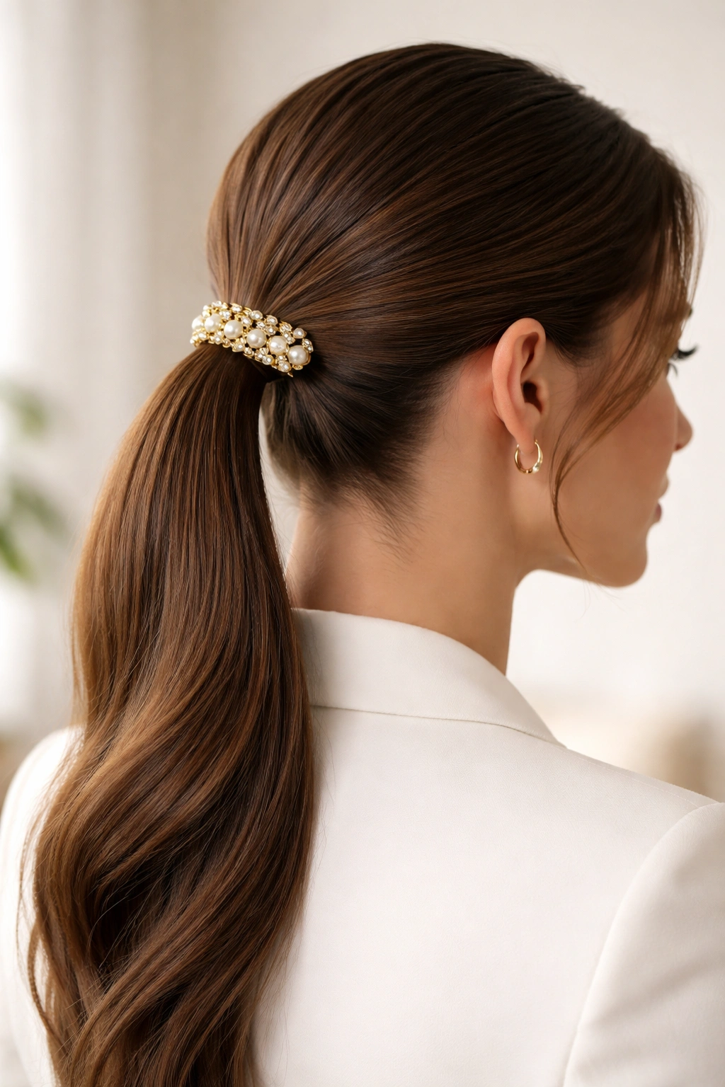 Polished ponytail with decorative clip at the base highlighting accessory
