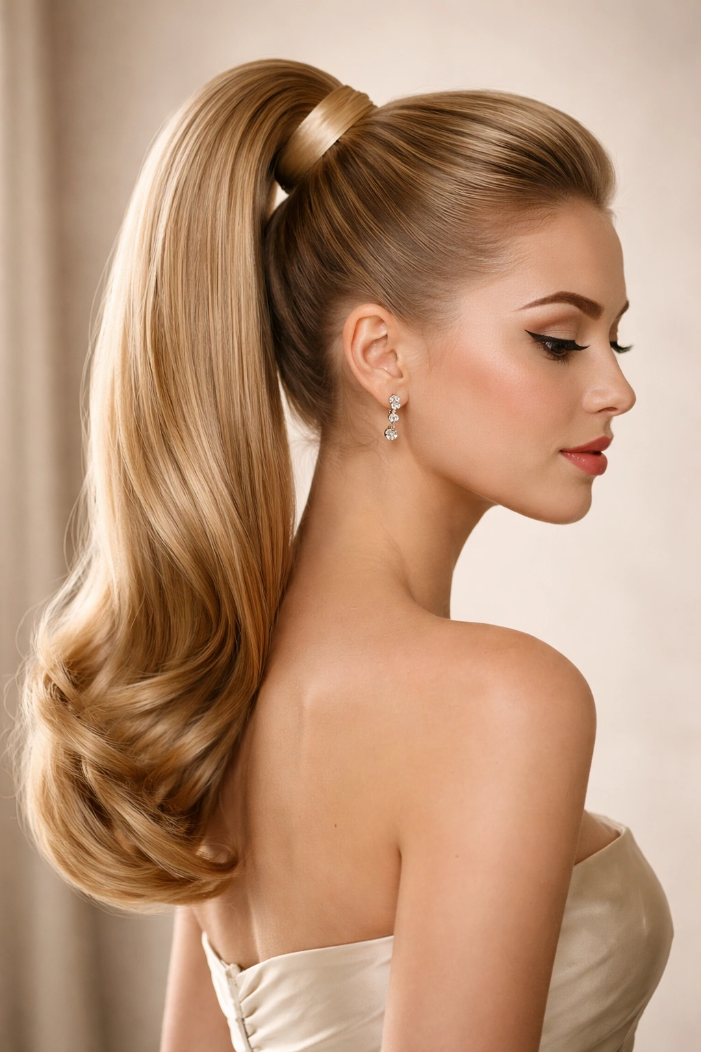 Close-up of a high polished fifties ponytail with ribbon wrap
