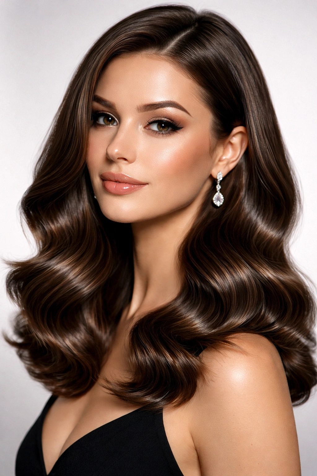 Glossy, high-shine waves on medium-length hair