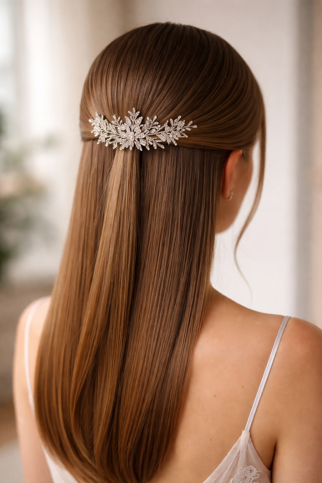 Polished straight hair with decorative hair comb at back