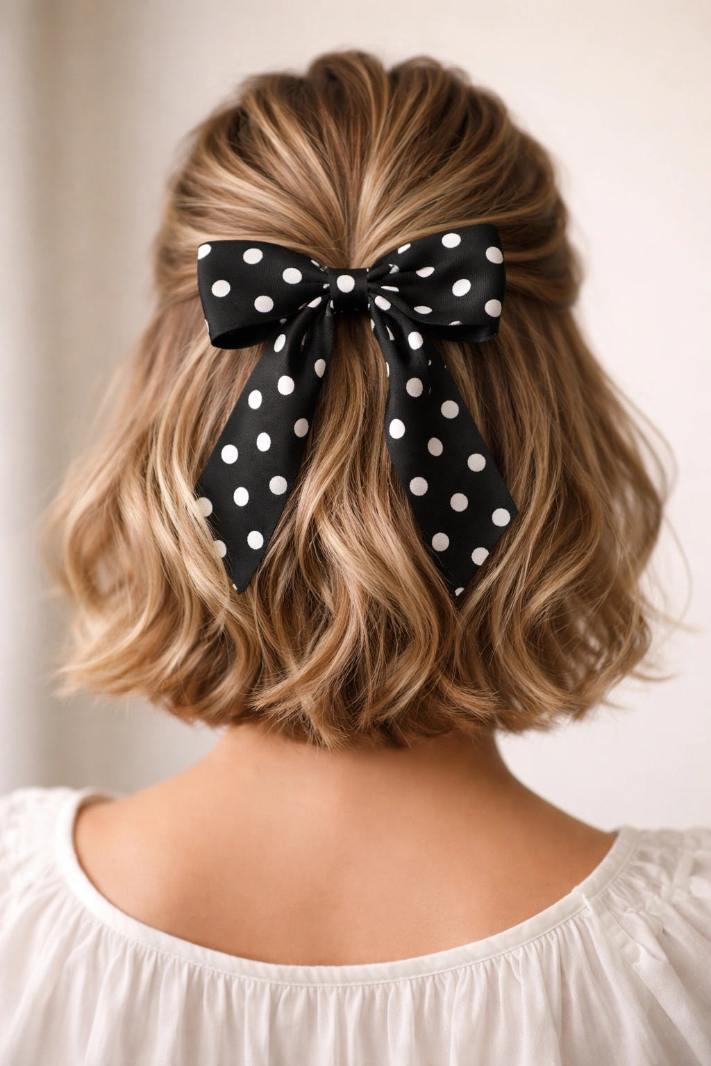 Close-up of short hair in a half-up style with a polka dot bow accessory