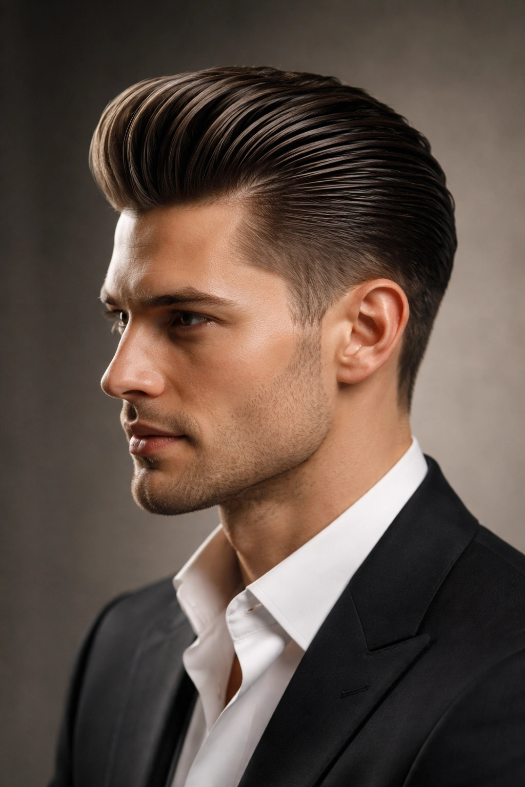 Portrait of a person with a high-volume pompadour slicked back