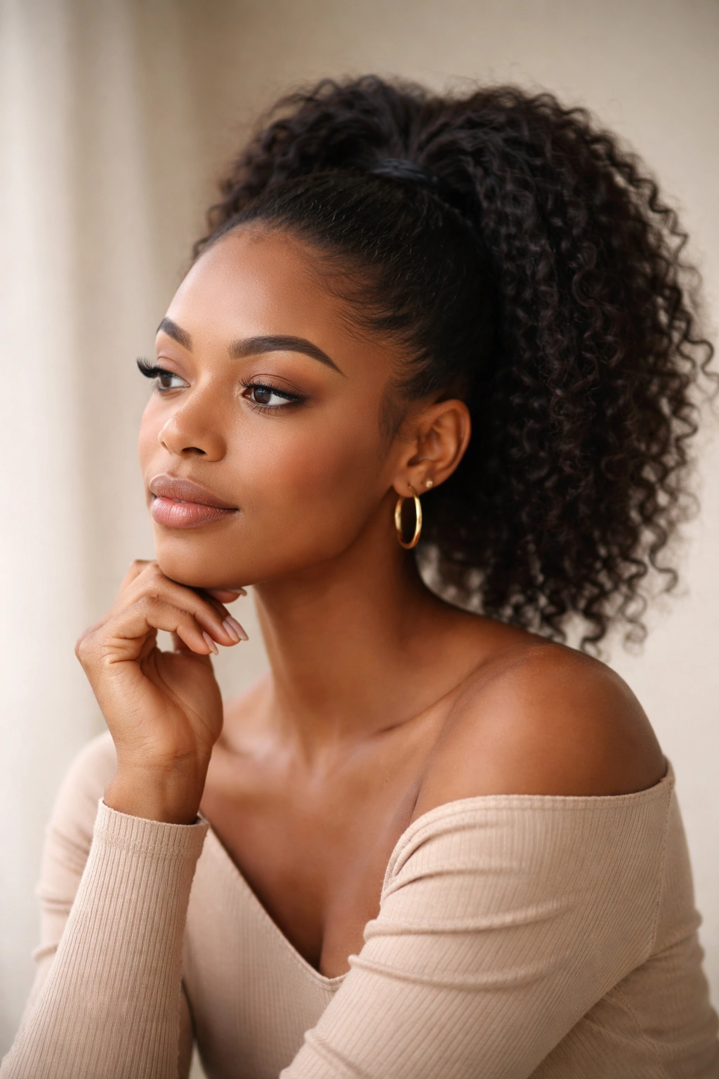 Close-up portrait of a Black woman with an afro-textured high ponytail in soft studio light