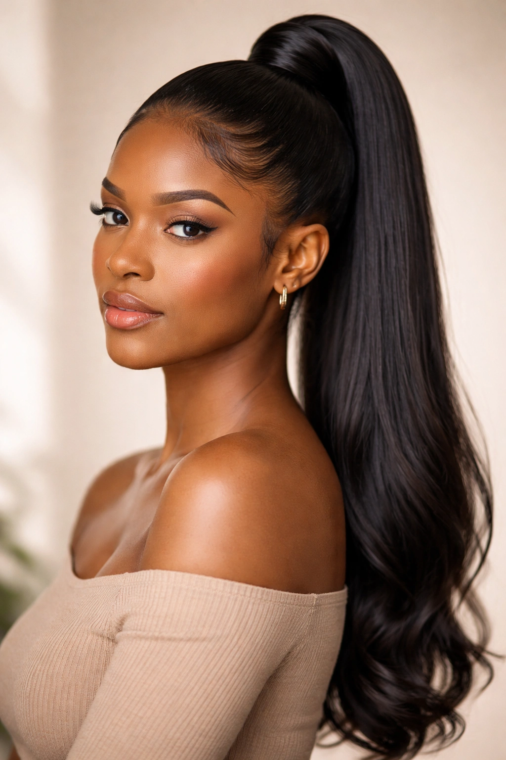 Close-up studio portrait of a Black woman with a sleek high ponytail