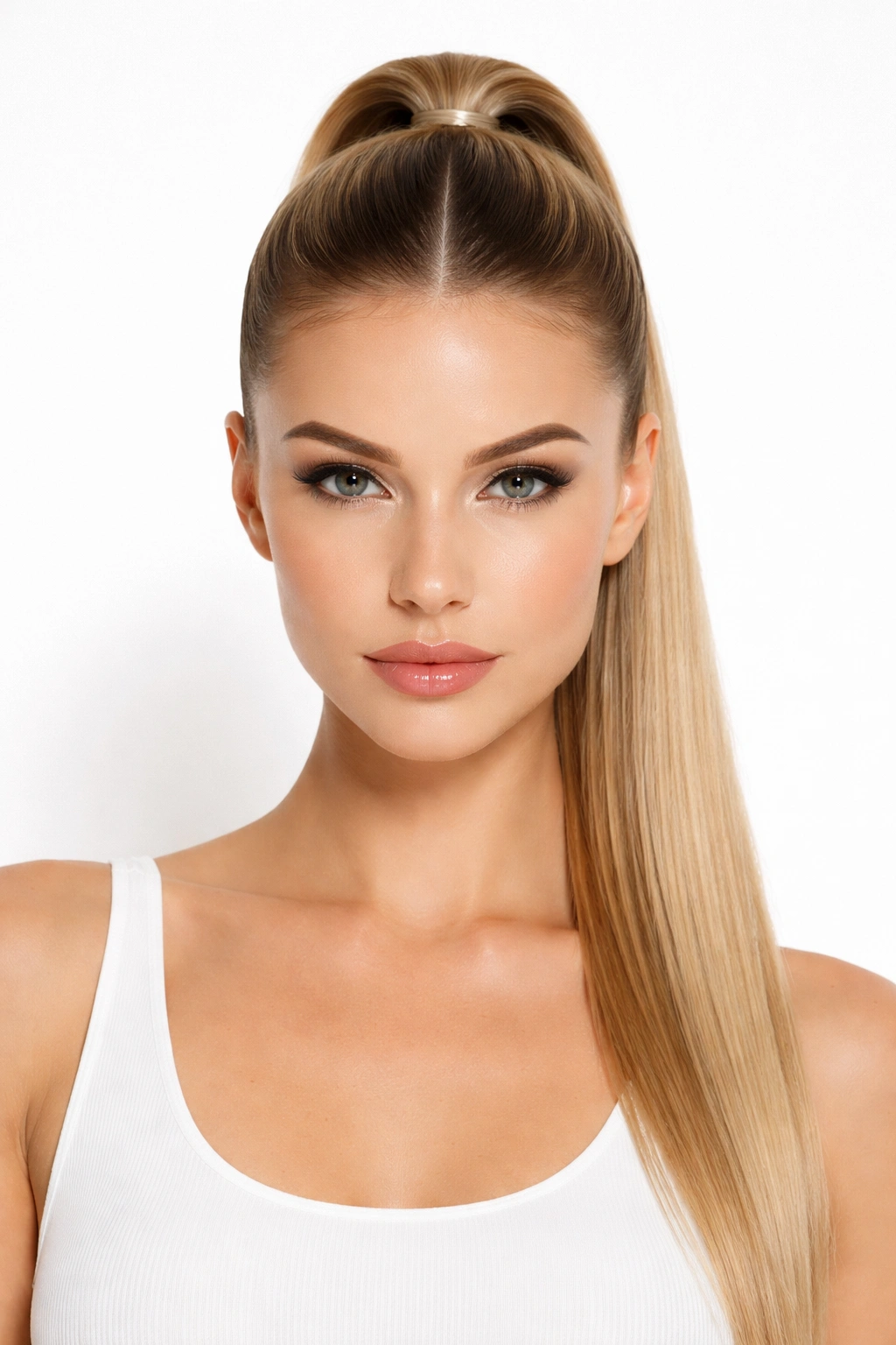Minimalist center-part ponytail on straight hair with symmetric glossy finish