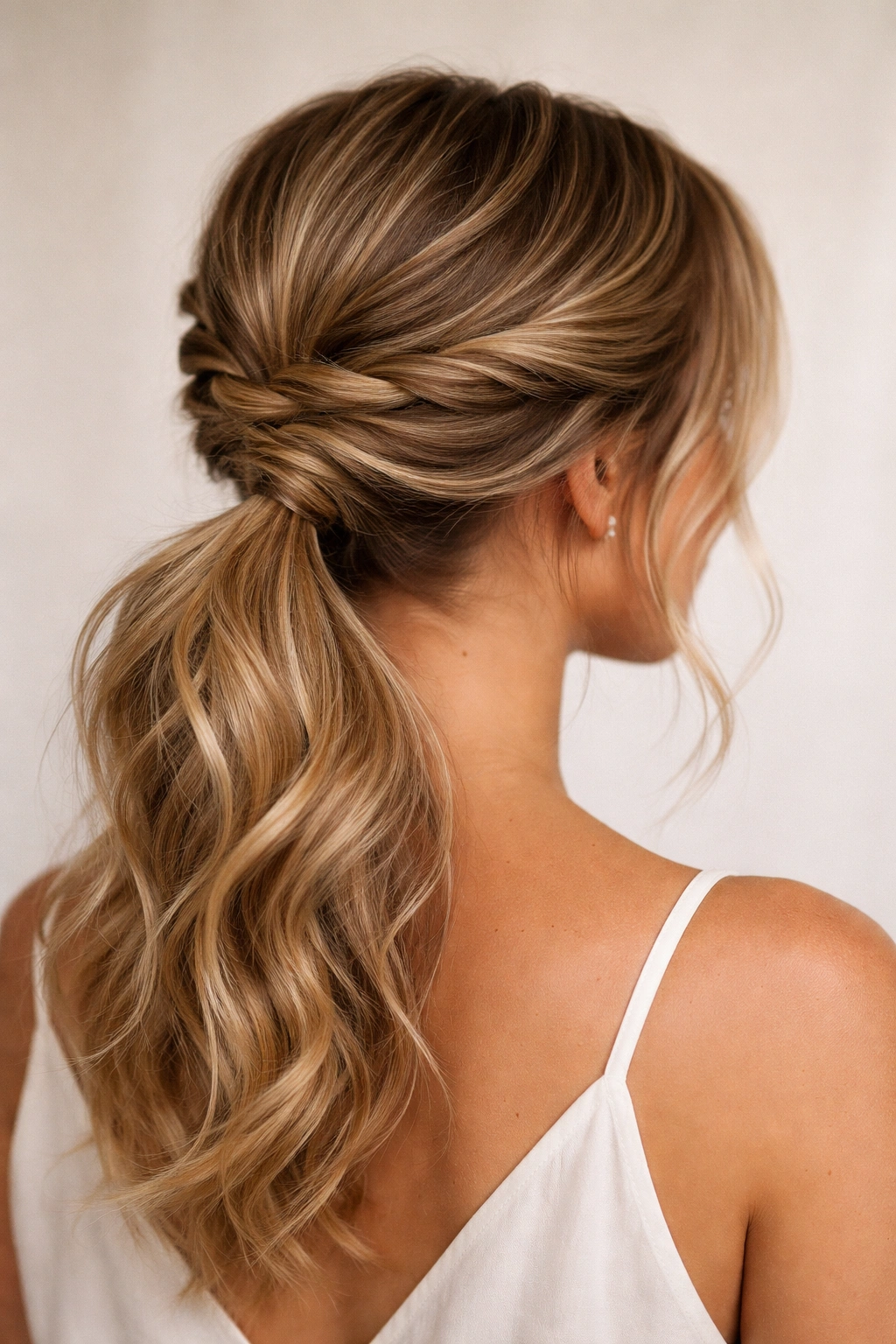 Low textured ponytail with twisted crown detail on wavy hair