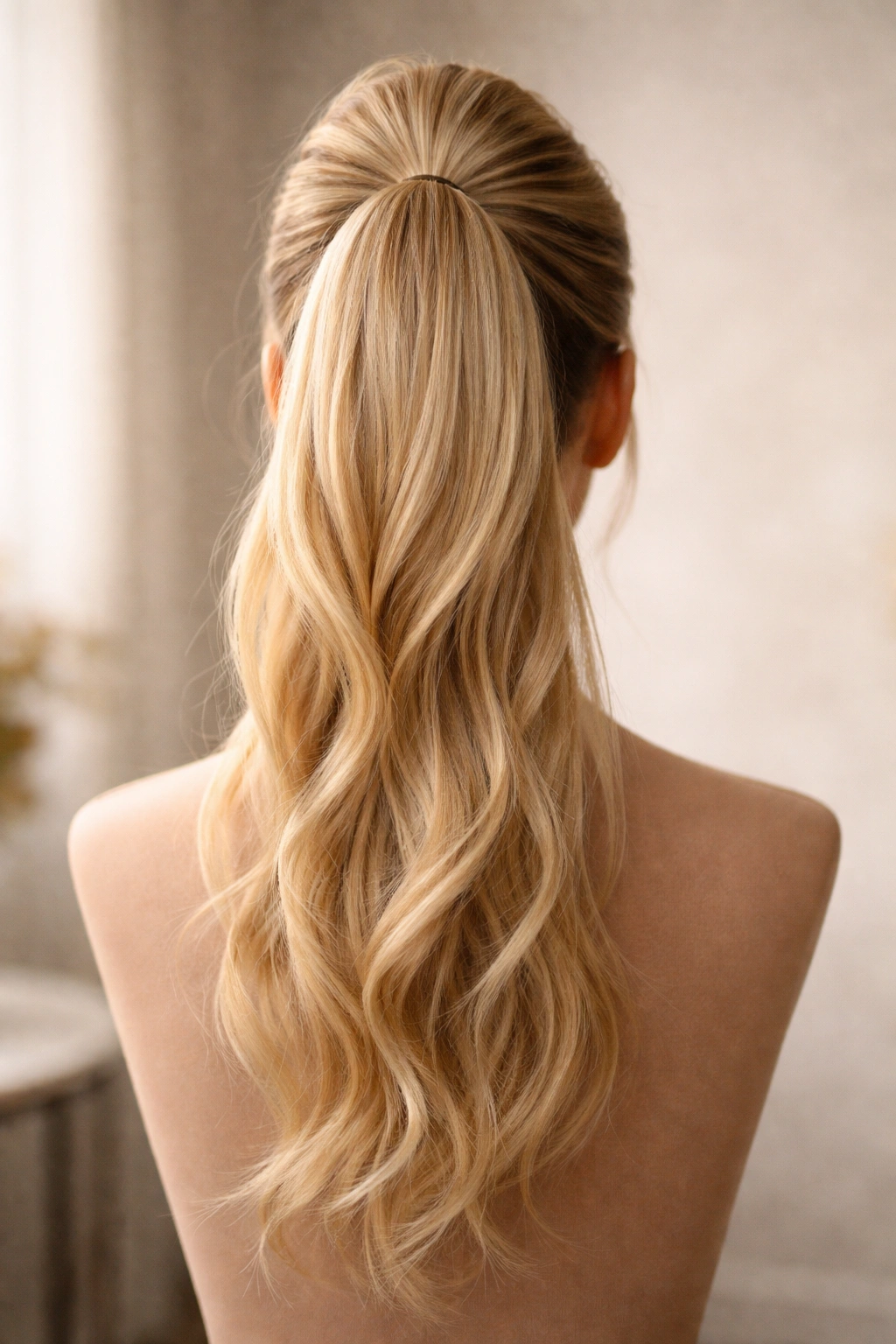 Clip-in ponytail with crown volume displayed on head form