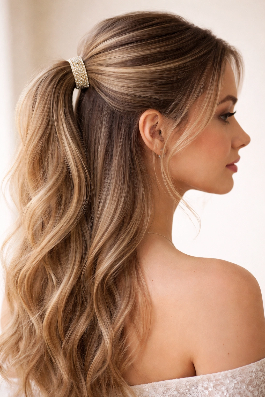 Half-up ponytail with decorative hair cuff below the elastic