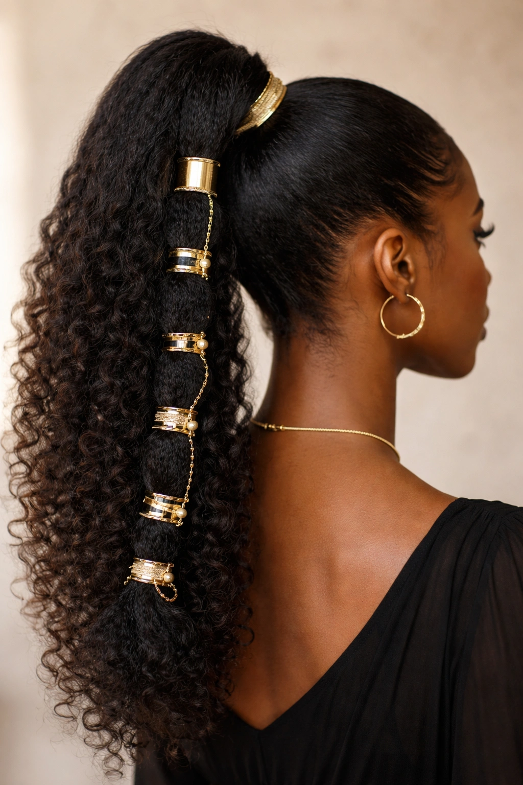 Close-up of a high ponytail with metallic cuffs and beaded rings