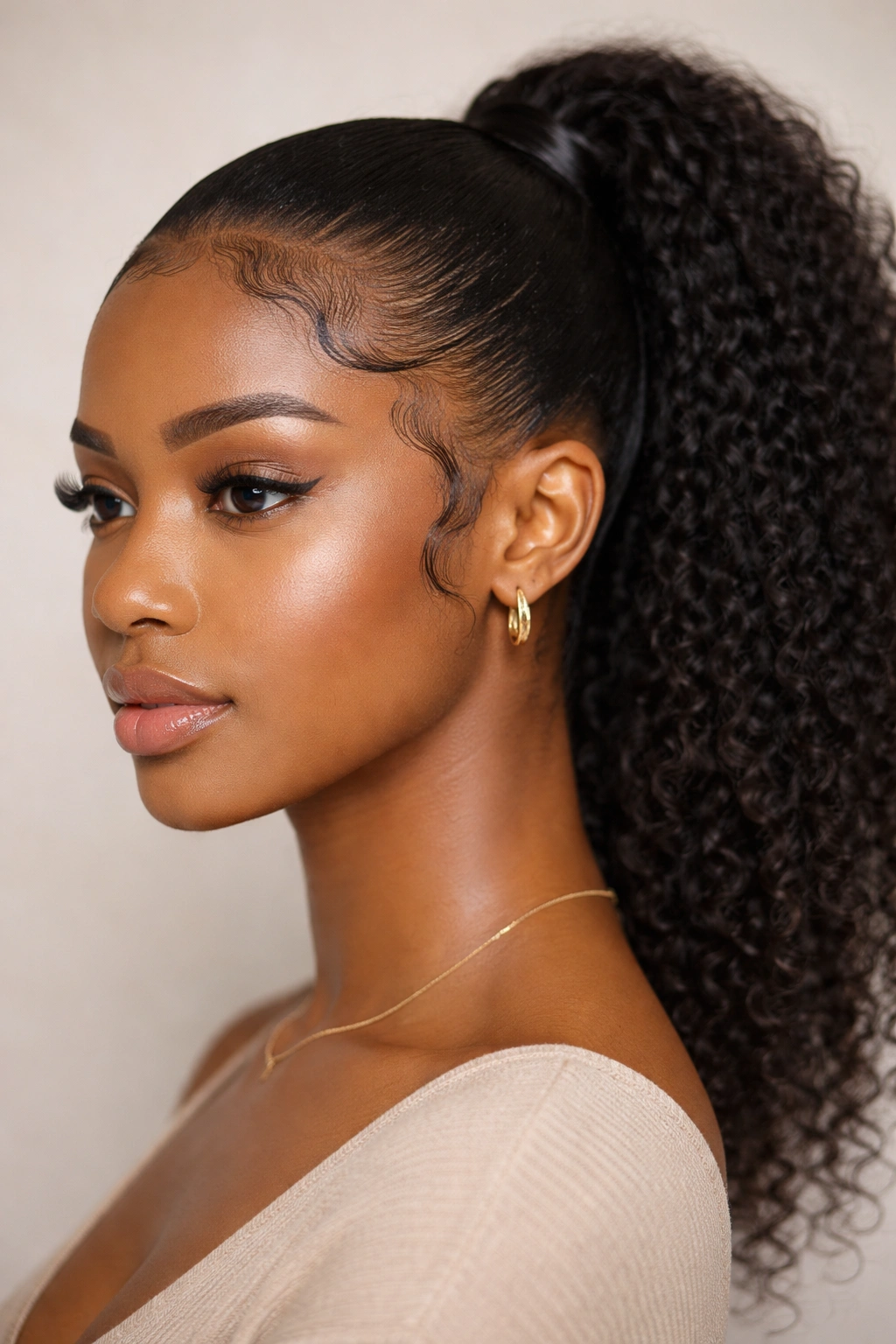 Edges styled into a sleek frame around a ponytail
