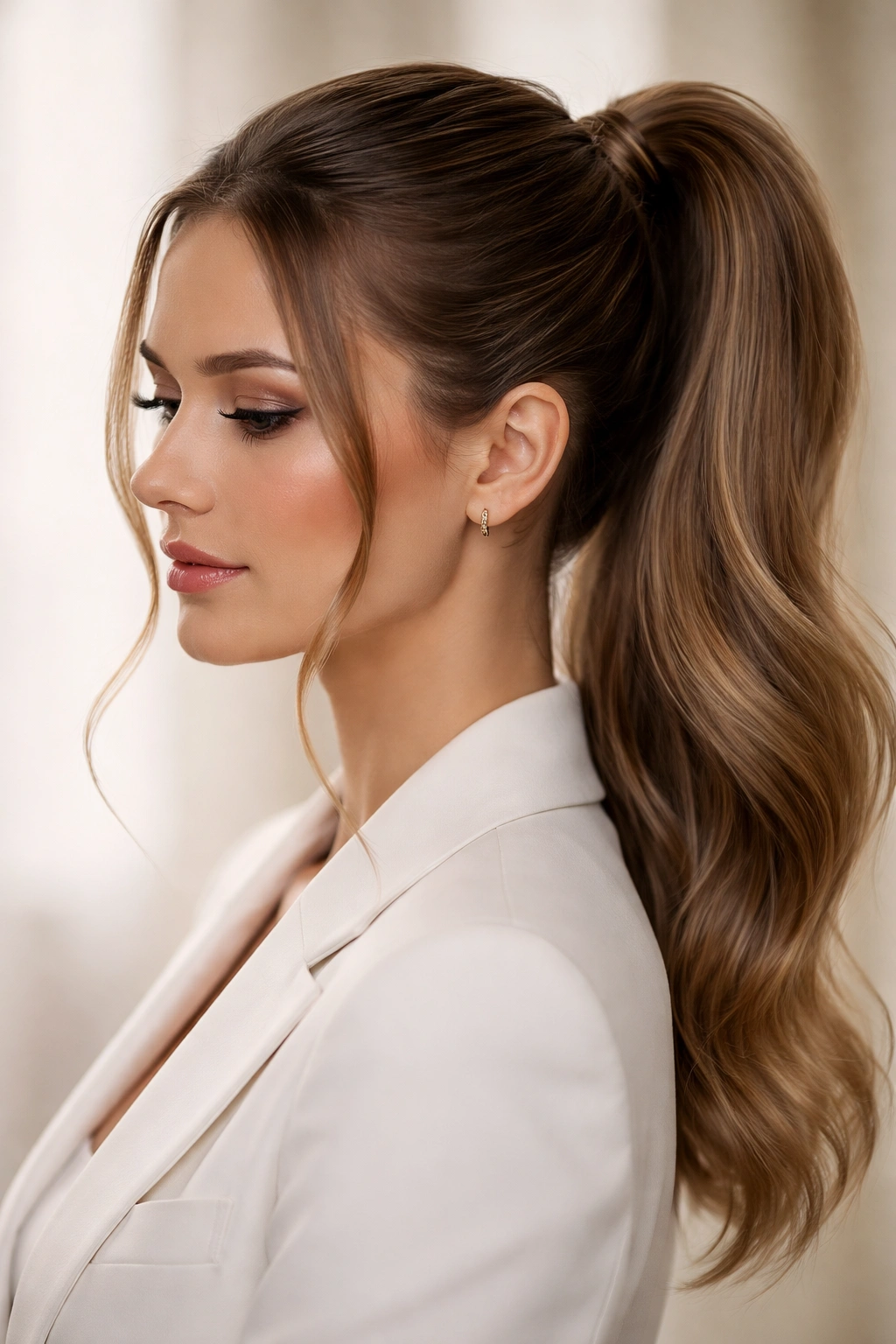 Close-up of a ponytail with face-framing strands highlighting a polished hairstyle