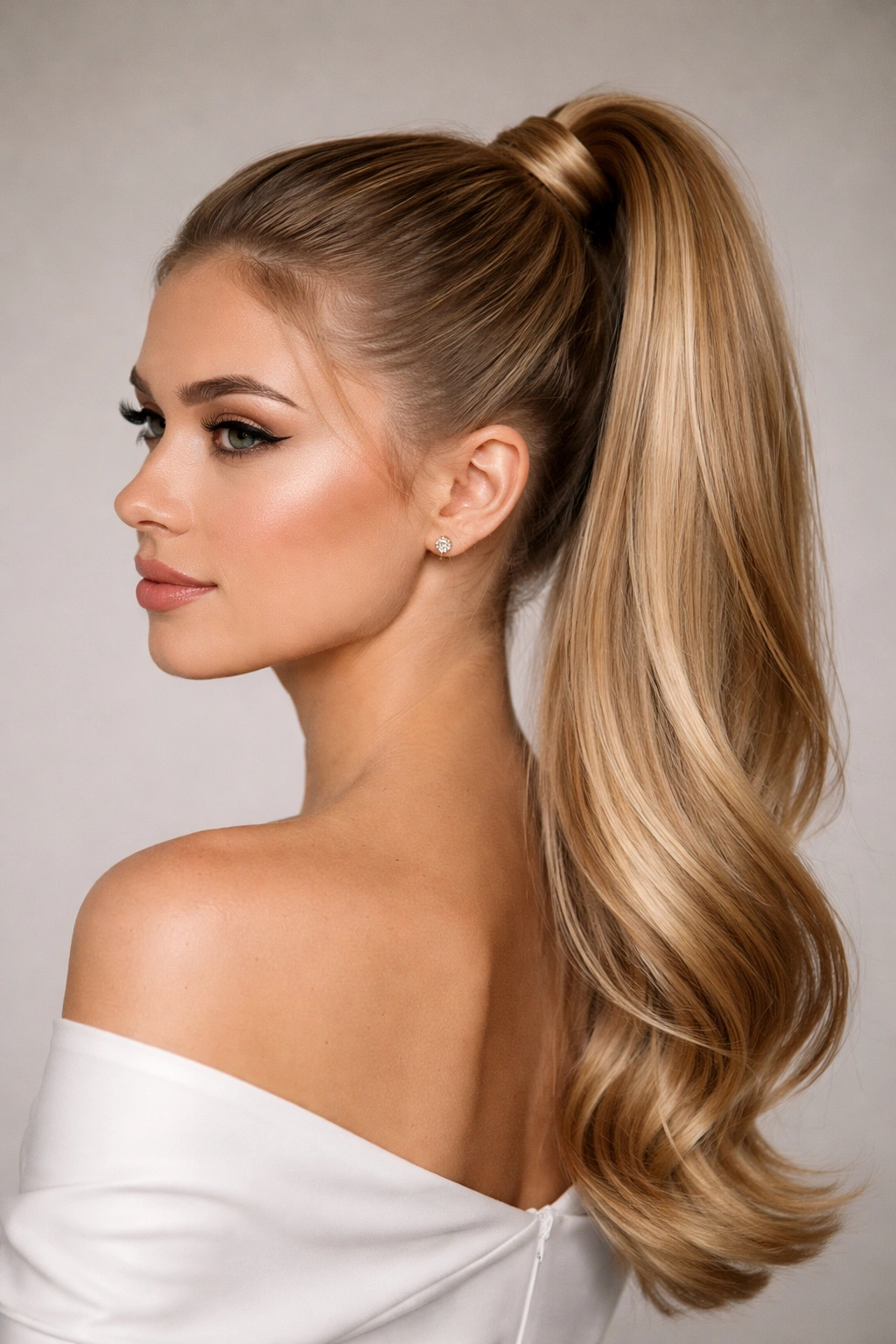 Close-up of a glossy classic high ponytail at the crown with sleek finish