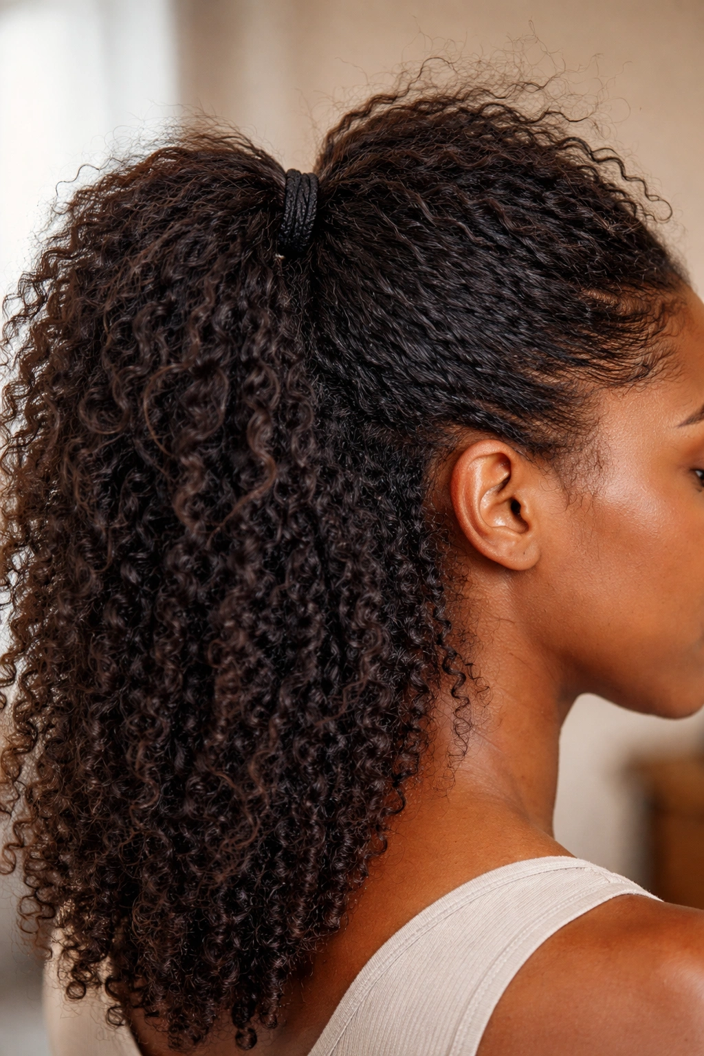 Close-up of textured half-up ponytail showing grip elastic and flyaways