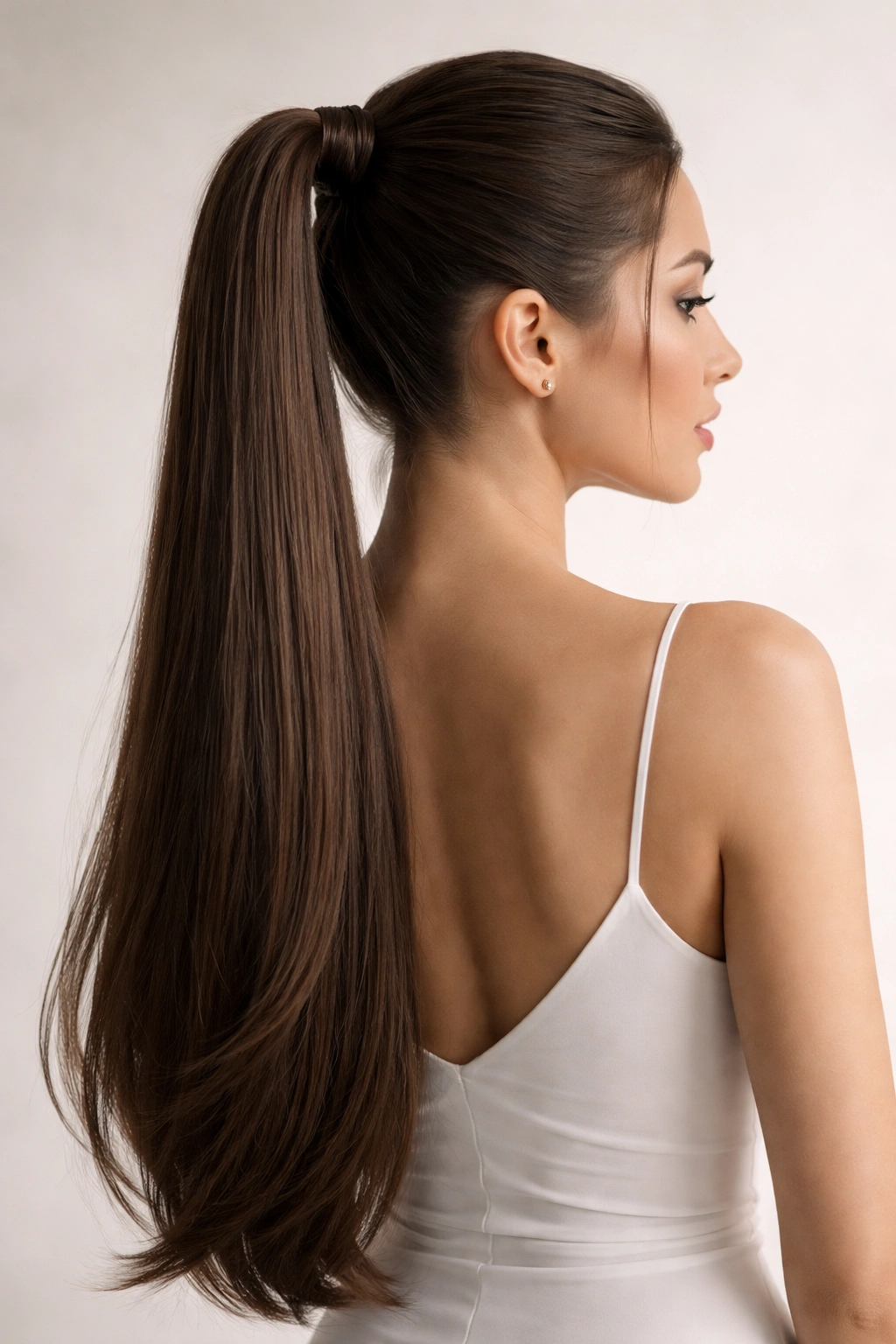 Close-up of a person with a sleek high ponytail, showcasing polished long hair