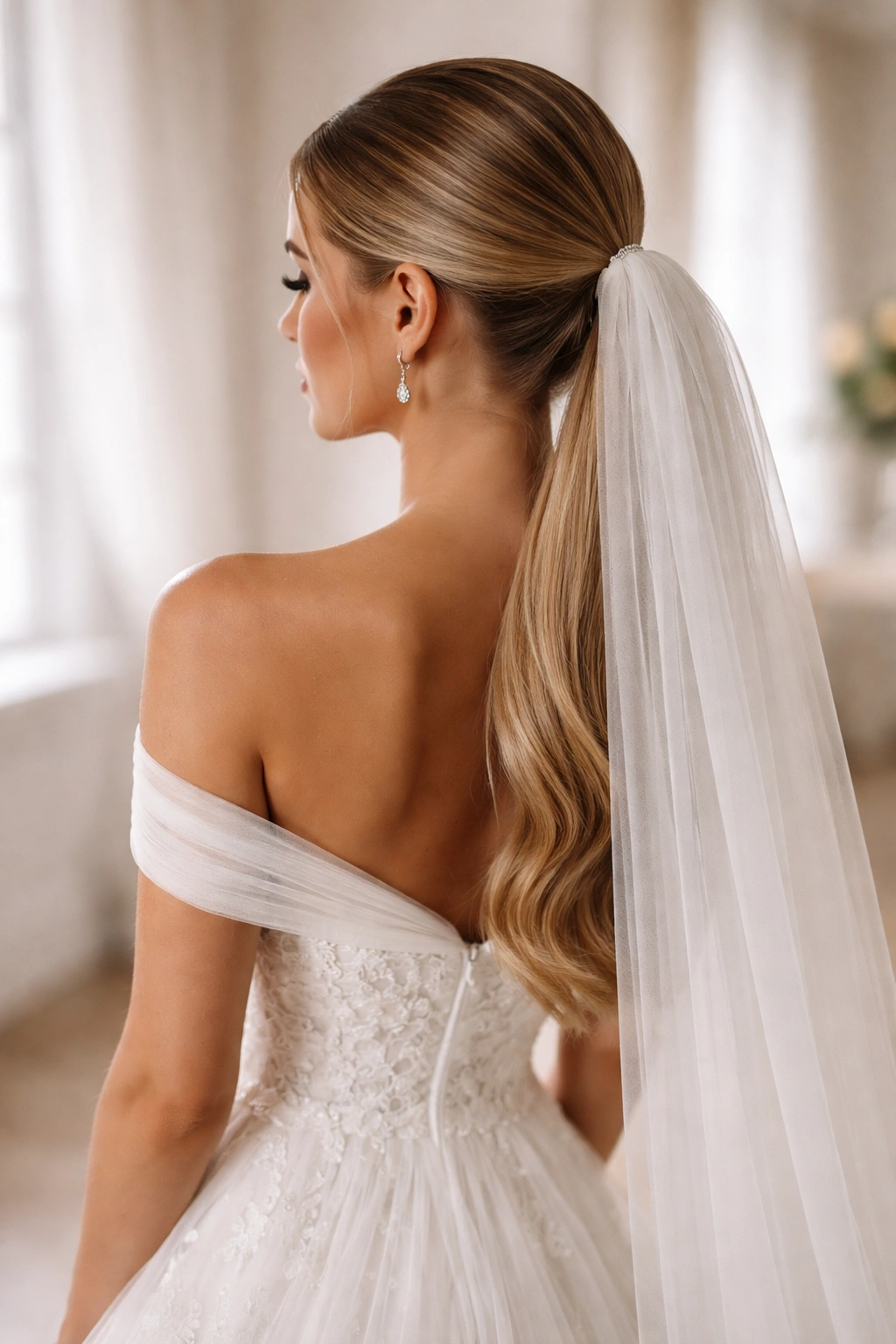 Portrait of a woman with a low sleek ponytail and long tulle veil