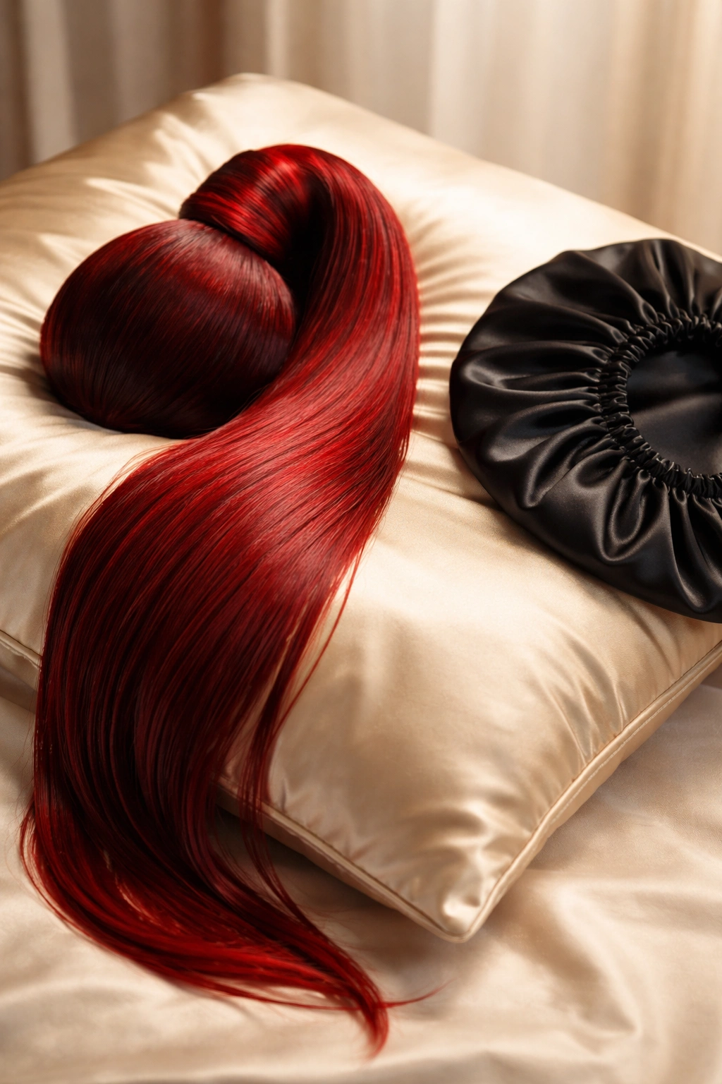 Red weave ponytail resting on satin pillowcase with silk bonnet for maintenance.