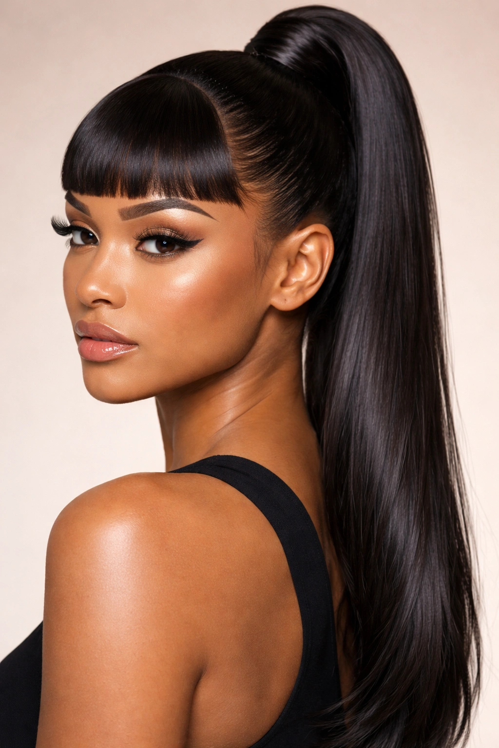 Close-up of a sleek ponytail with micro bangs in a studio setting