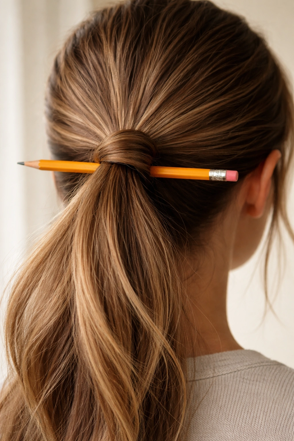Close-up ponytail secured by a pencil through the base