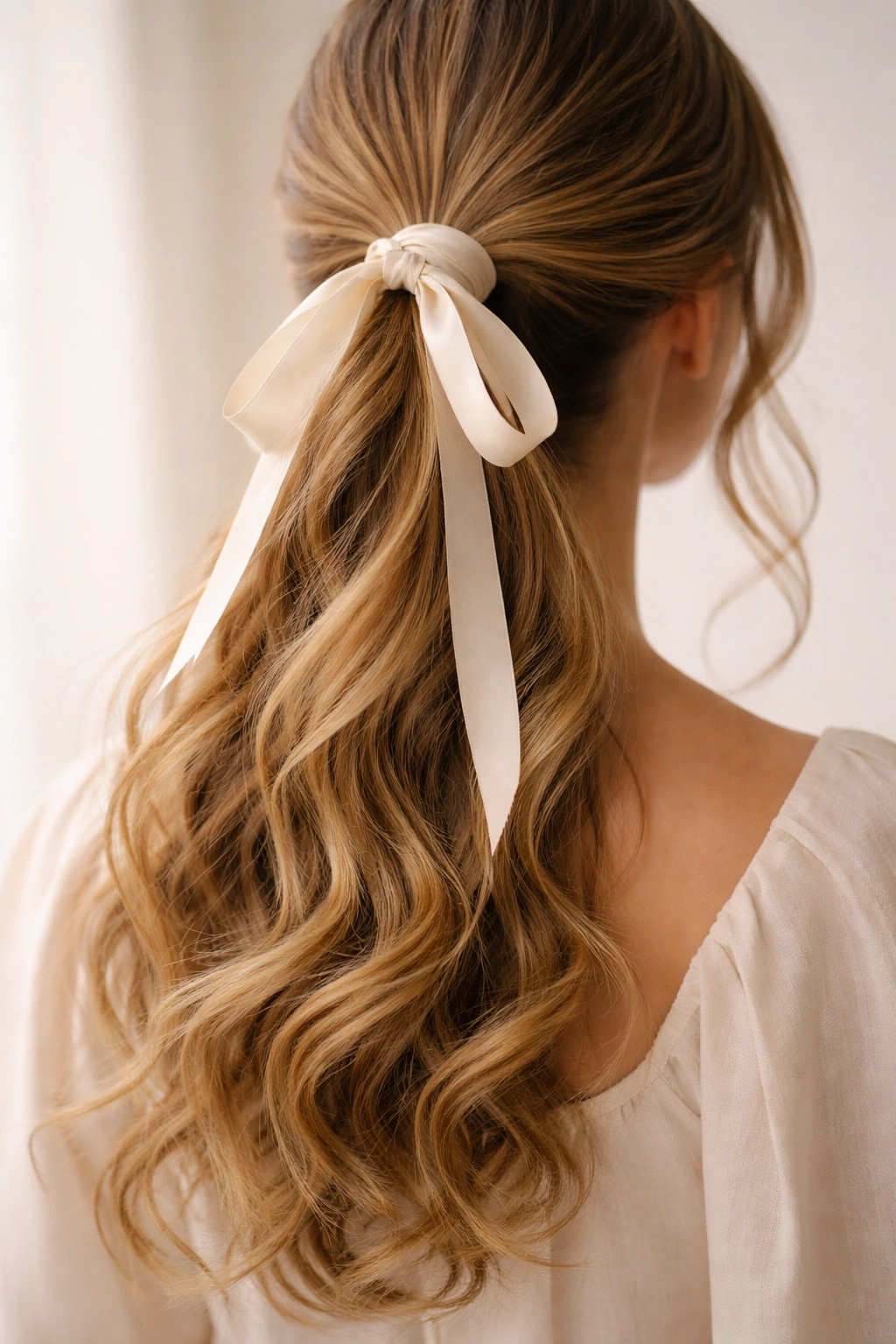 Ponytail wrapped with ribbon featuring soft curled strands along the length.