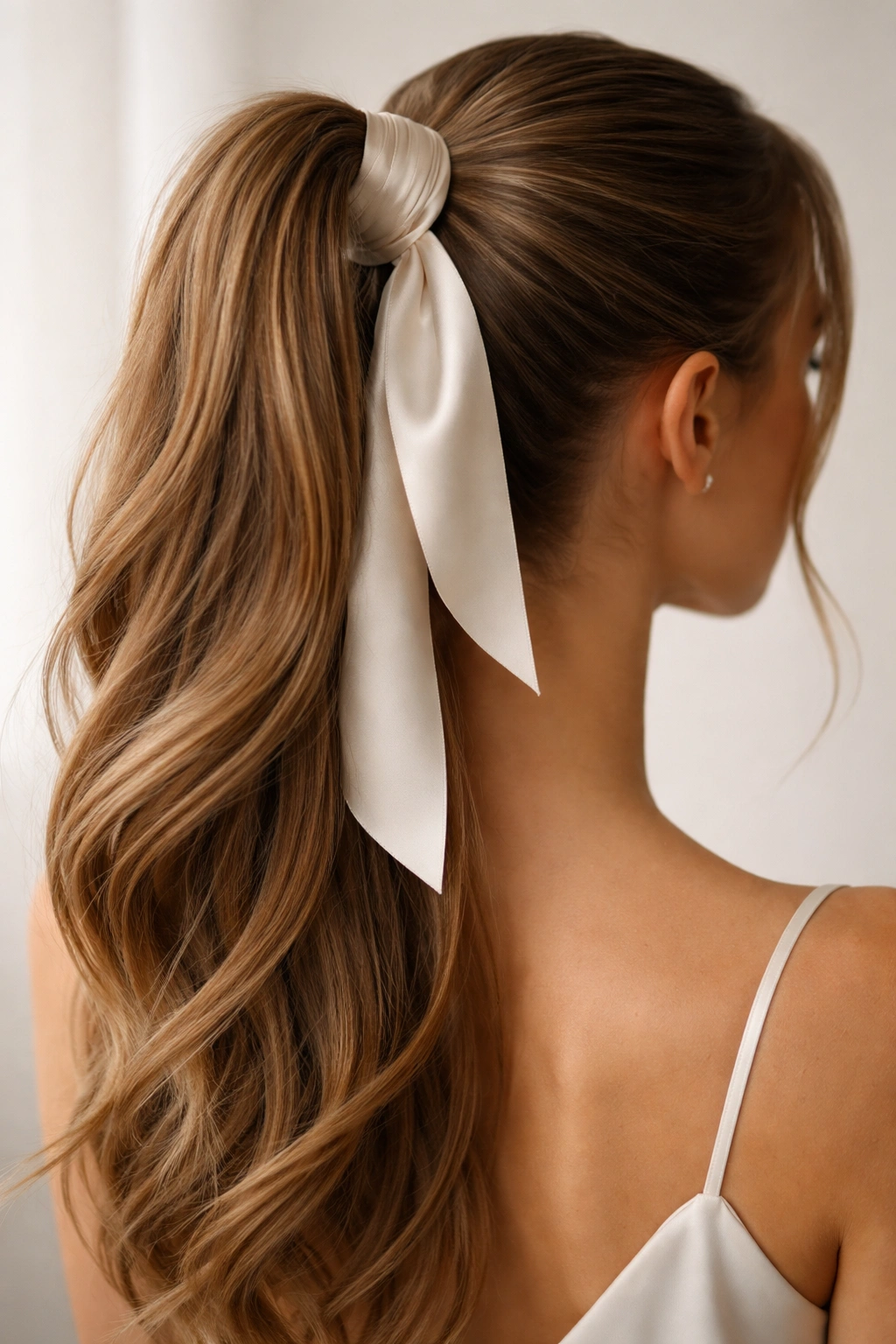Close-up of a classic high ponytail with a silk ribbon wrapping the base, studio lighting.