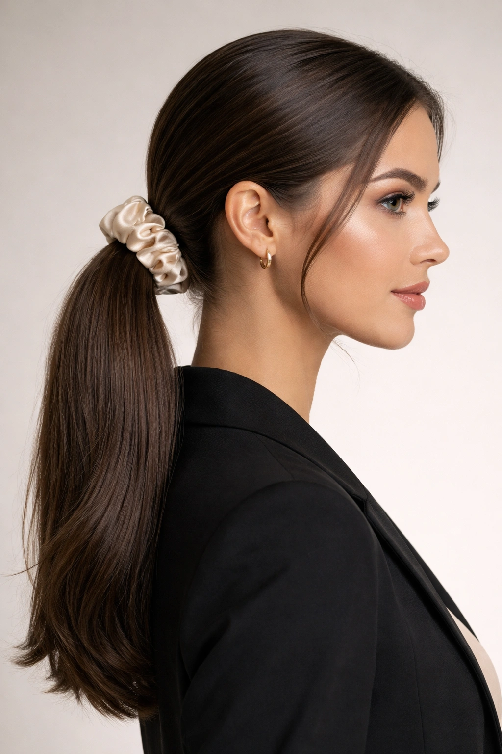 Sleek low ponytail secured with a satin scrunchie at the nape