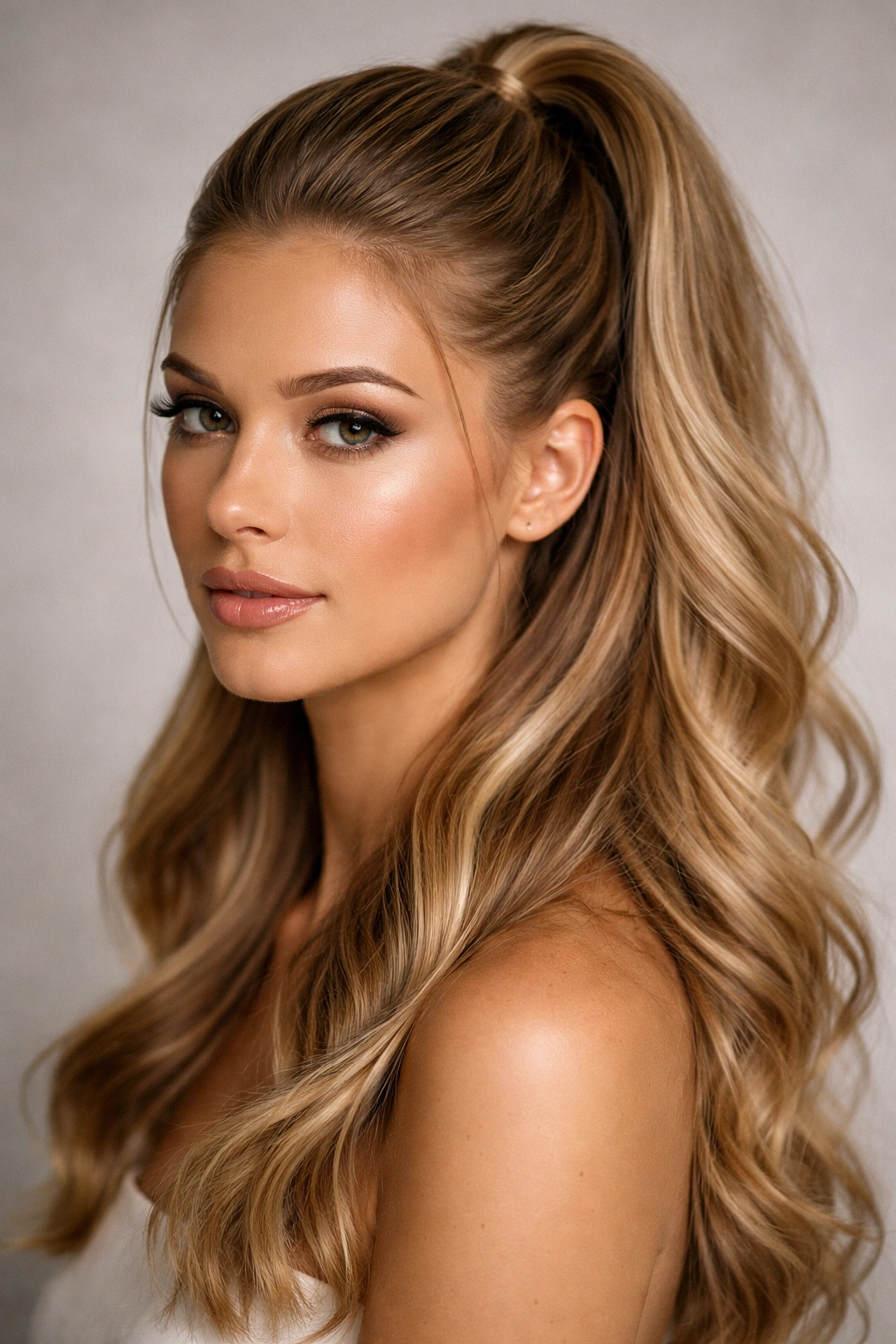 Close-up of a head-and-shoulders portrait with a sleek top ponytail and loose waves