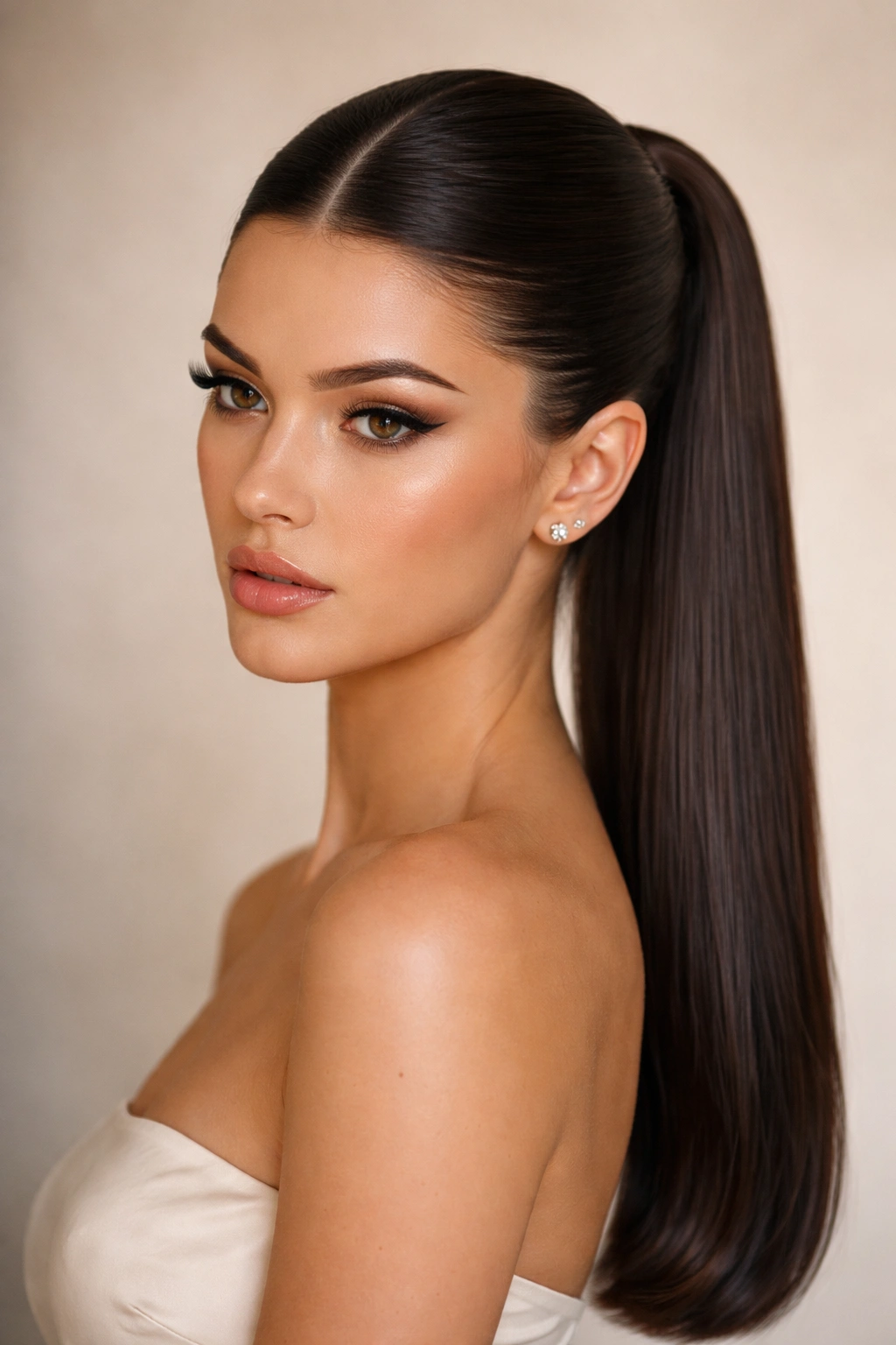 Model with deep center part and glossy straight ponytail.