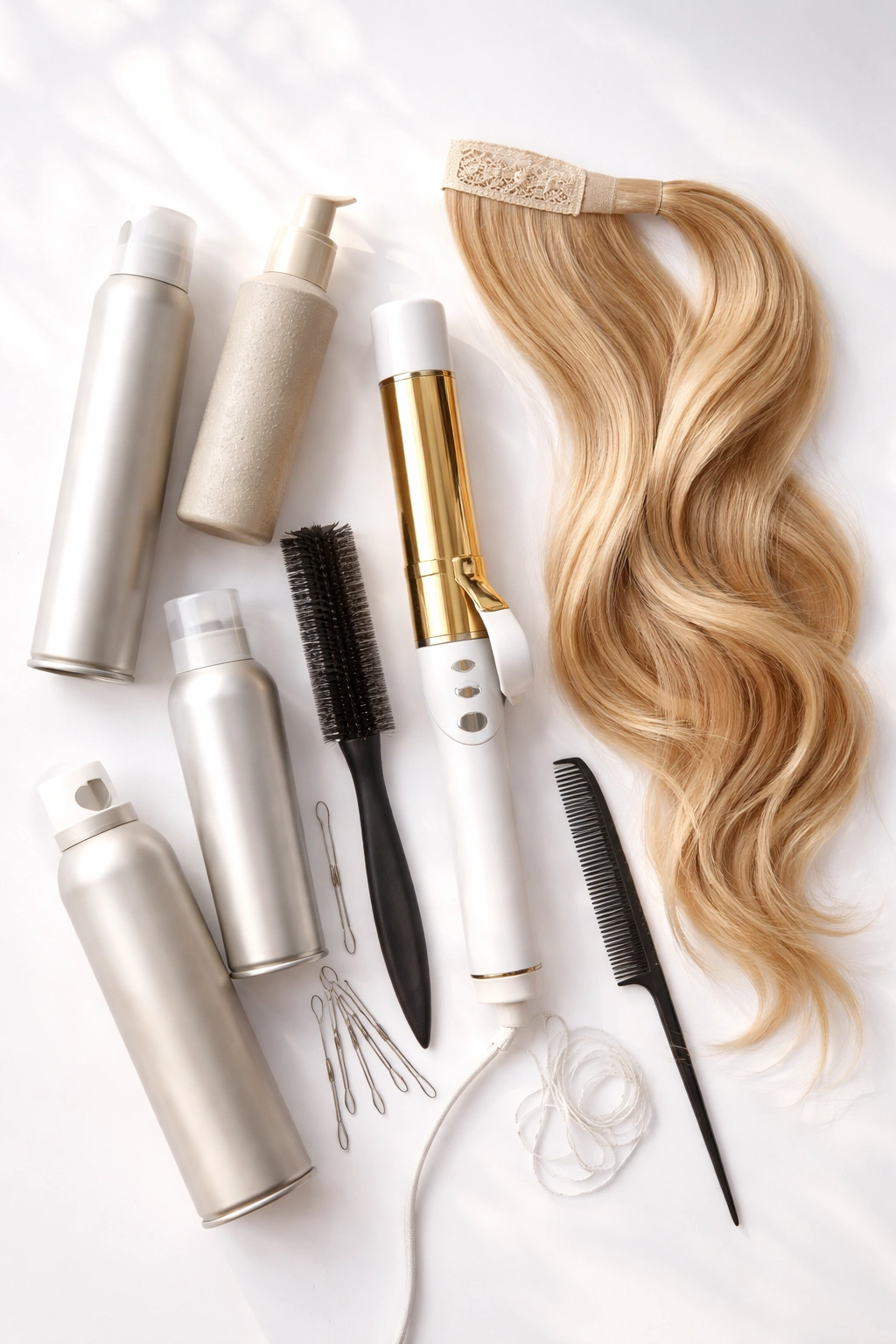 Flat lay of hair styling products and tools for textured ponytails