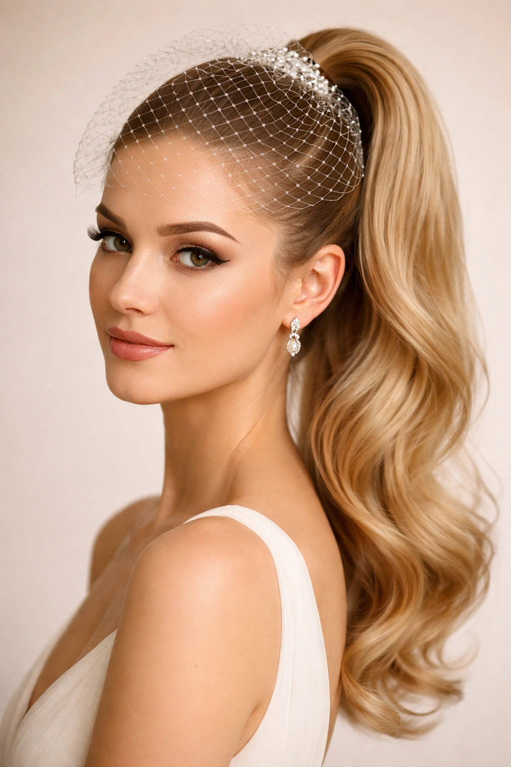 Portrait of a woman with a classic high ponytail and birdcage veil