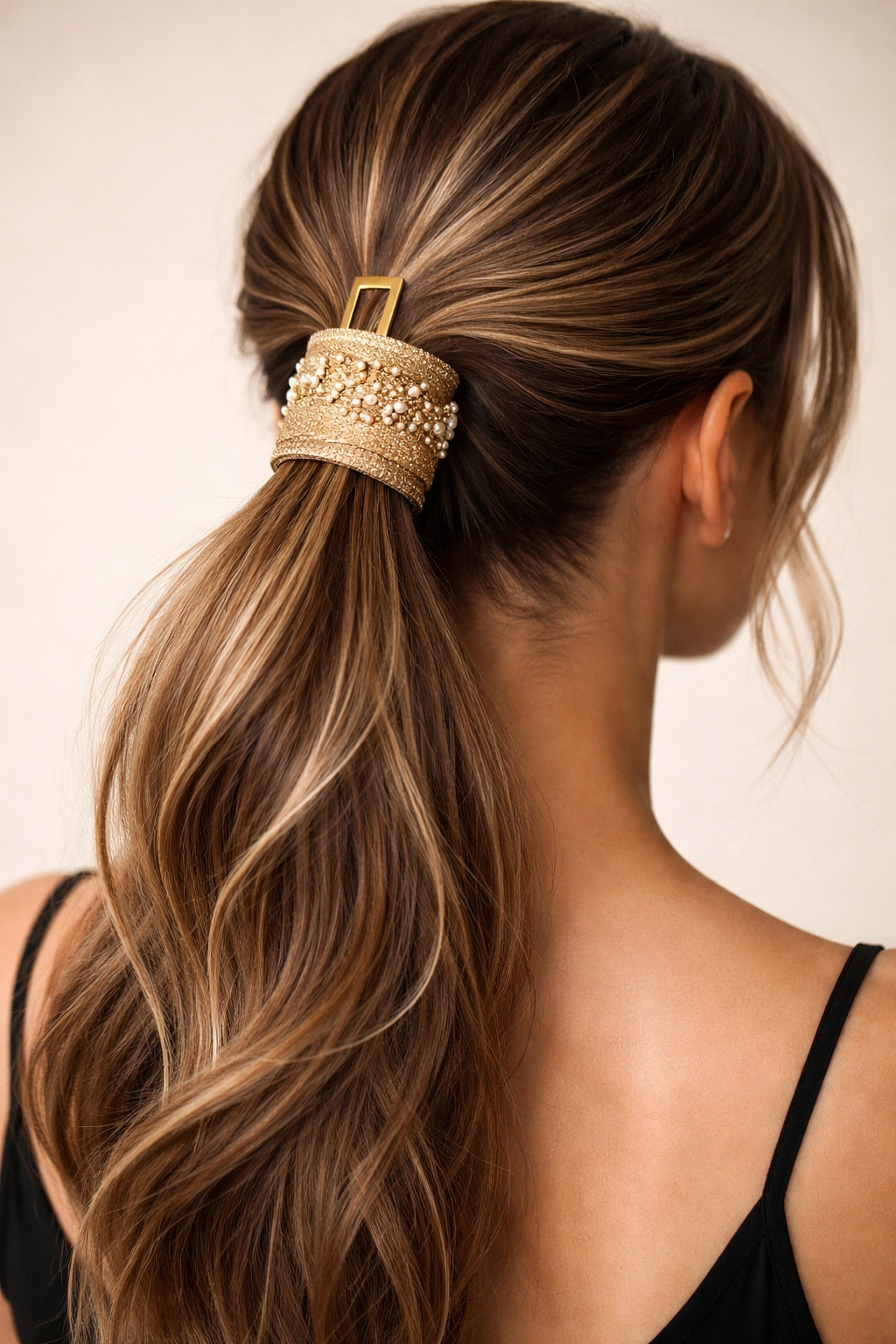 Ponytail wrapped with decorative hair wrap and clip
