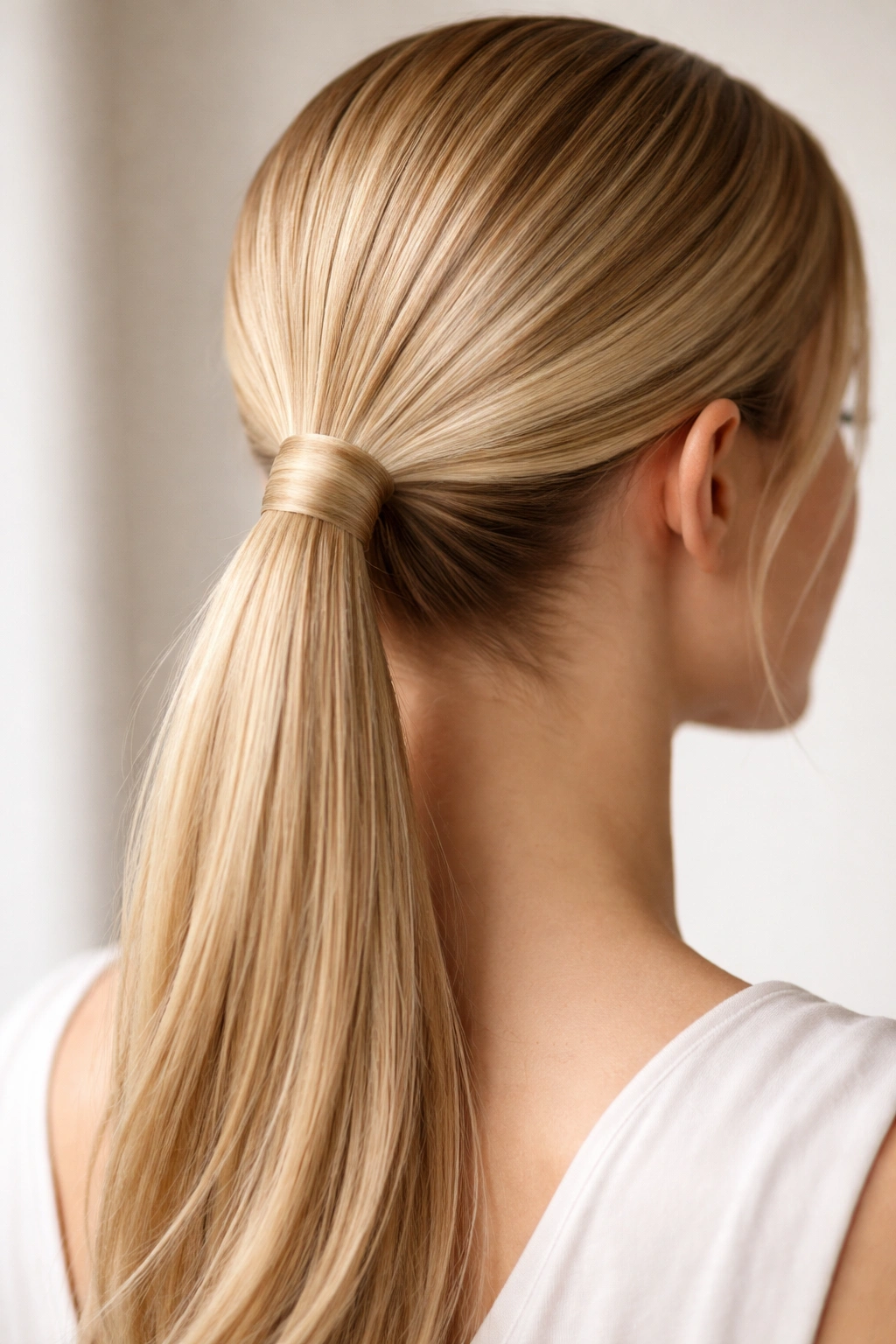 Ponytail with hidden elastic wrap detail concealed by hair around the base