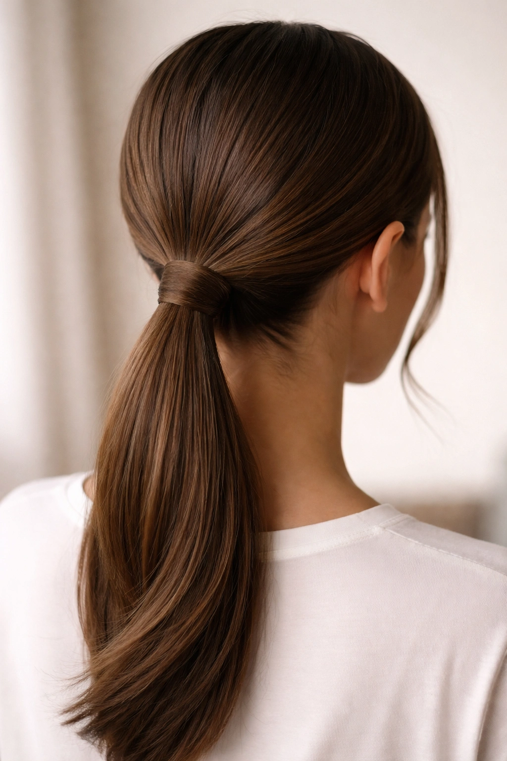 Low ponytail with wrapped section showing hidden elastic