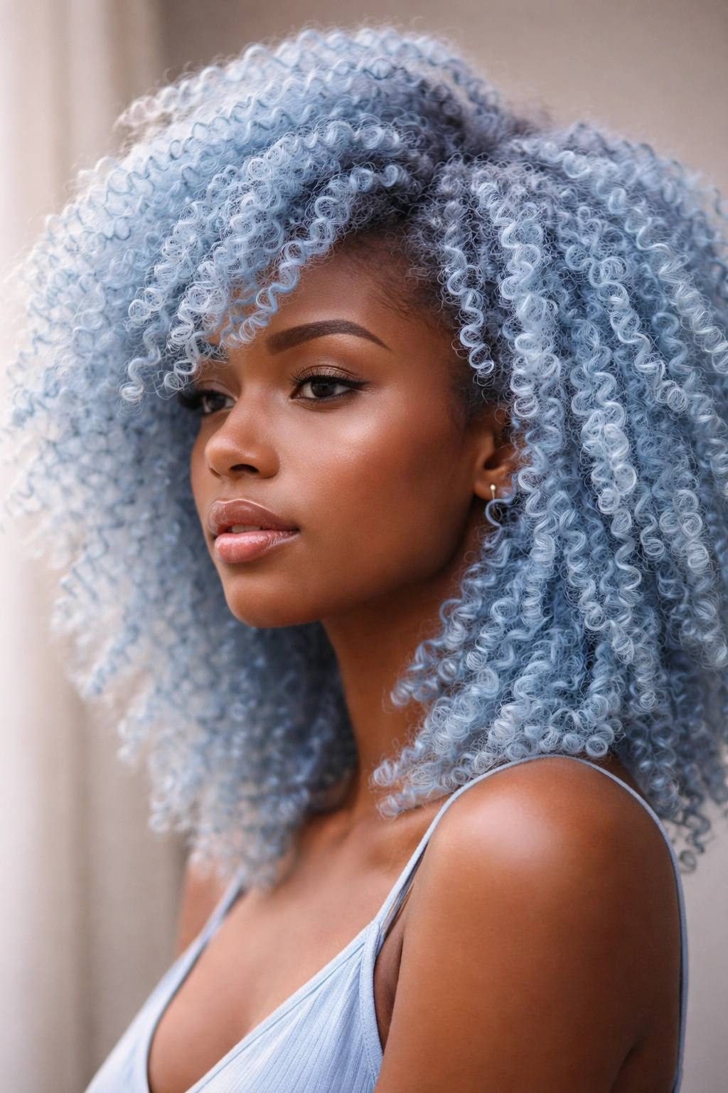 Close-up of powder blue coily hair with defined curls