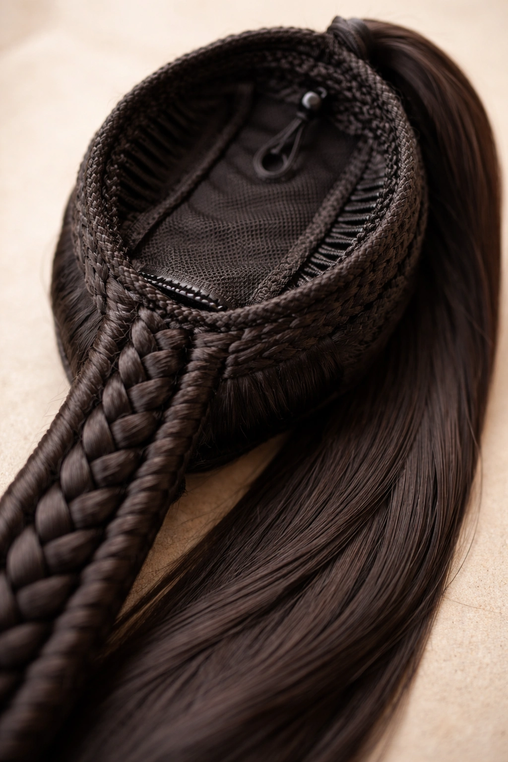 Close-up of pre-braided ponytail base with built-in cornrows