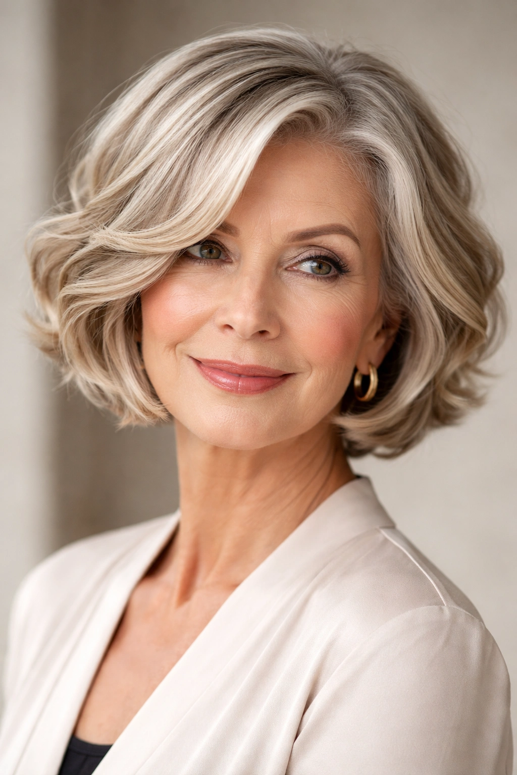 Portrait of a woman with a precise jaw-length wave bob