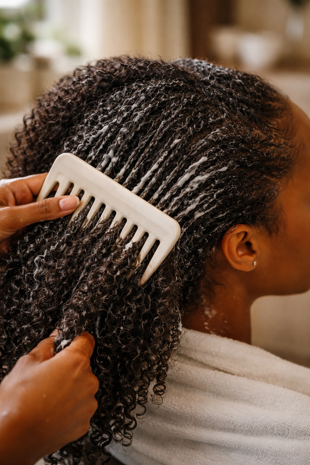 Damp 4C hair being conditioned and detangled