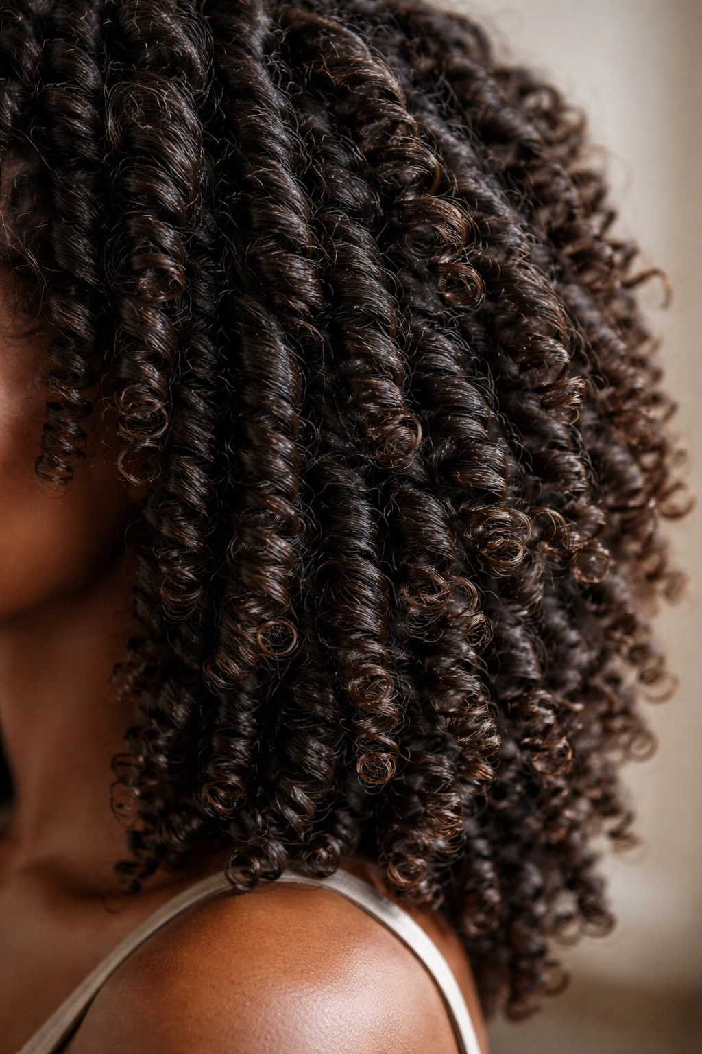 Moisturized Type 4 hair with defined coils and light sheen