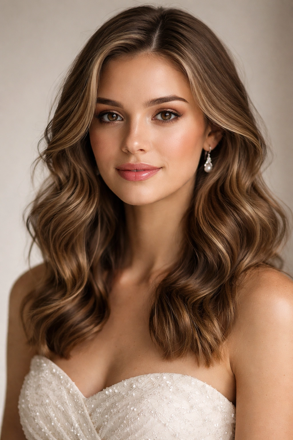 Close-up portrait of a person with medium-length wavy prom hairstyle in soft waves, studio lighting