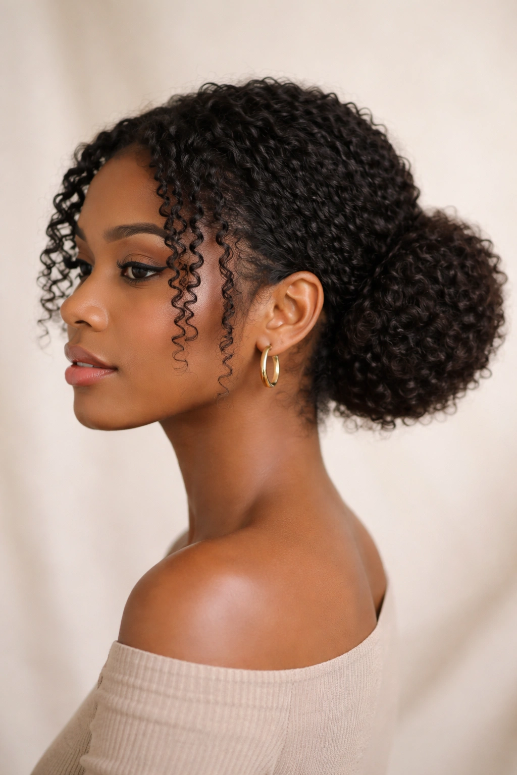 Close-up of a low protective coil bun with face-framing curls
